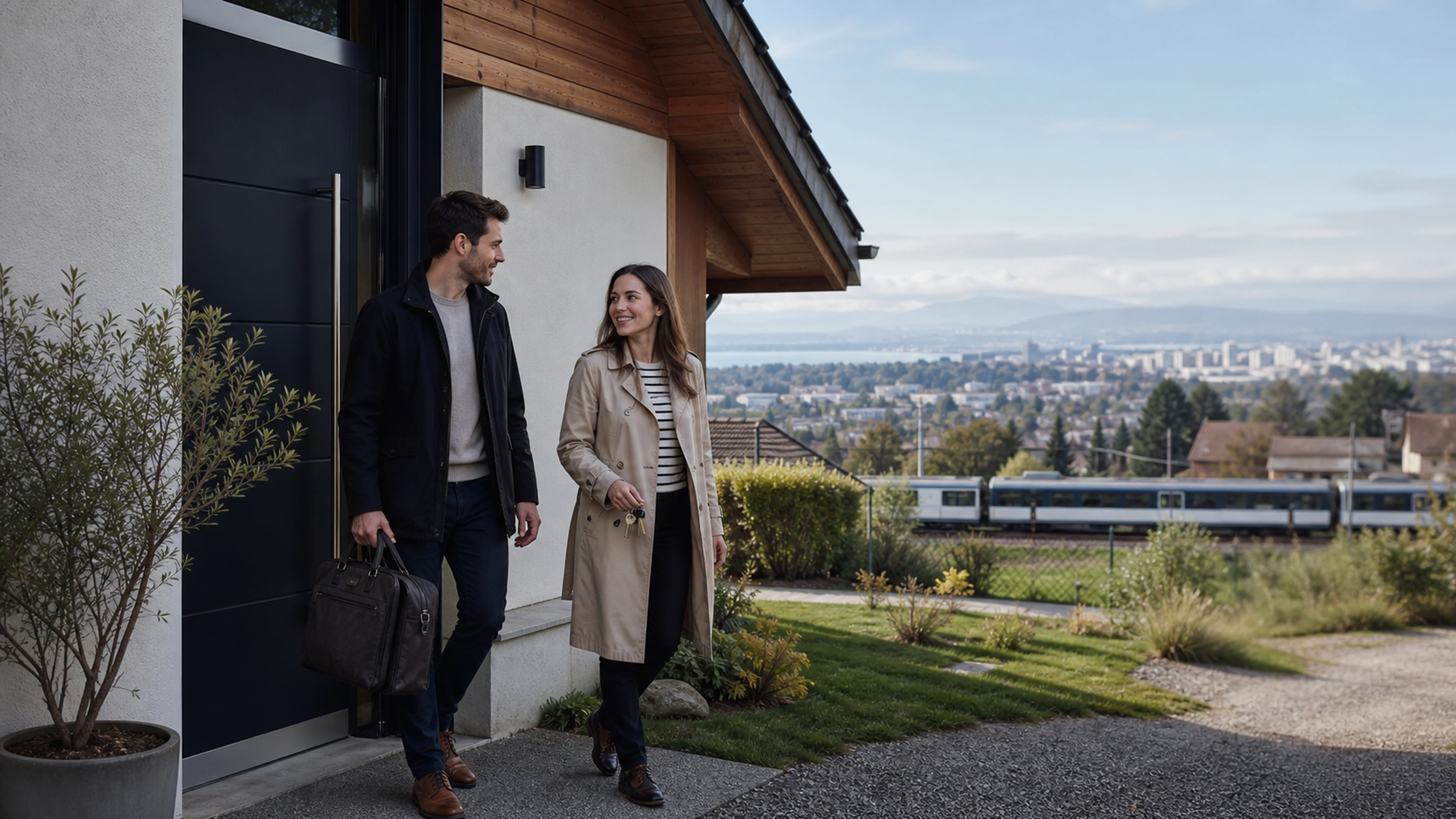 Couple devant une maison en Haute-Savoie avec le bassin genevois à l'horizon