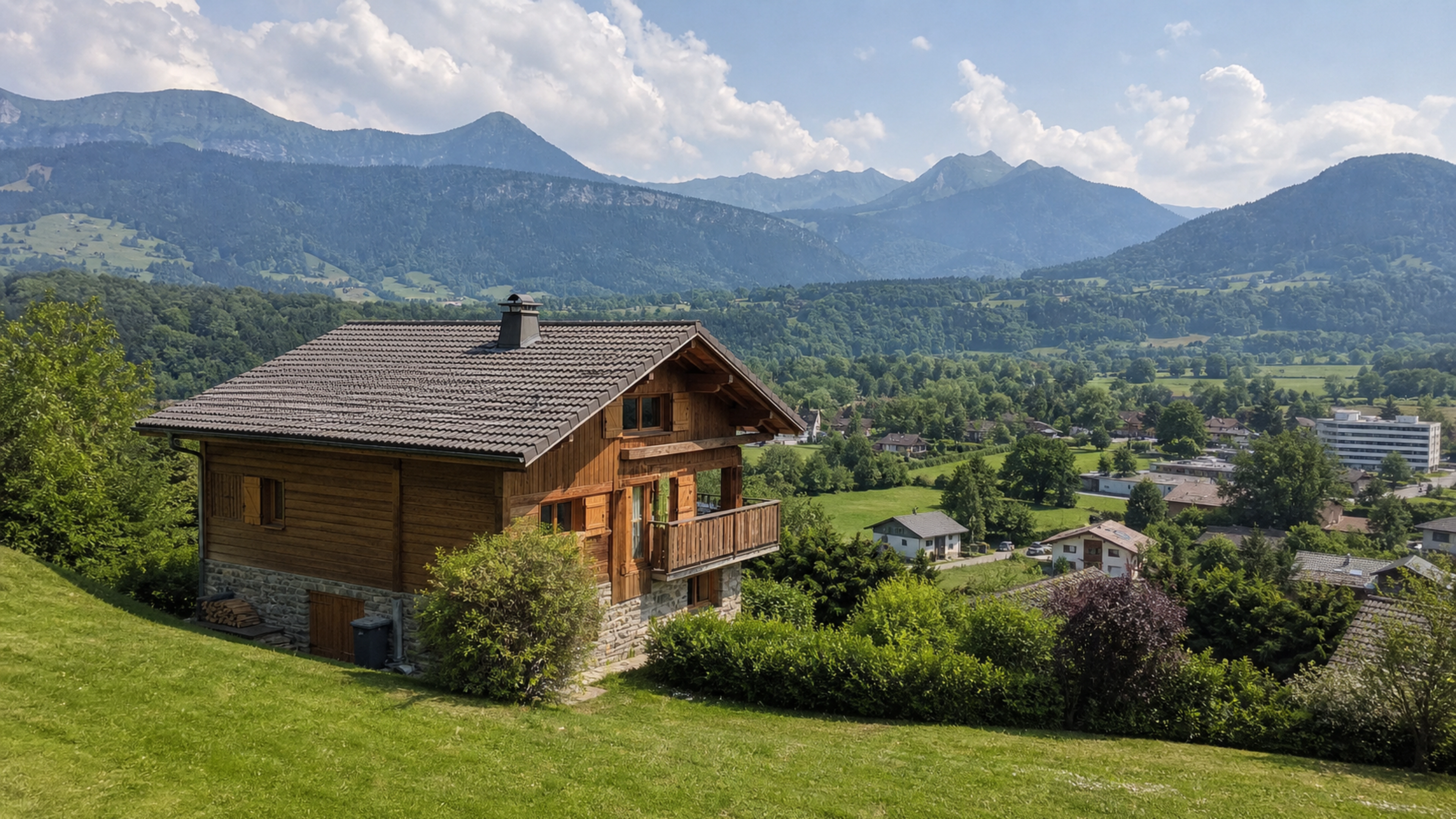 Chalet et habitations dans une vallée verdoyante de Haute-Savoie