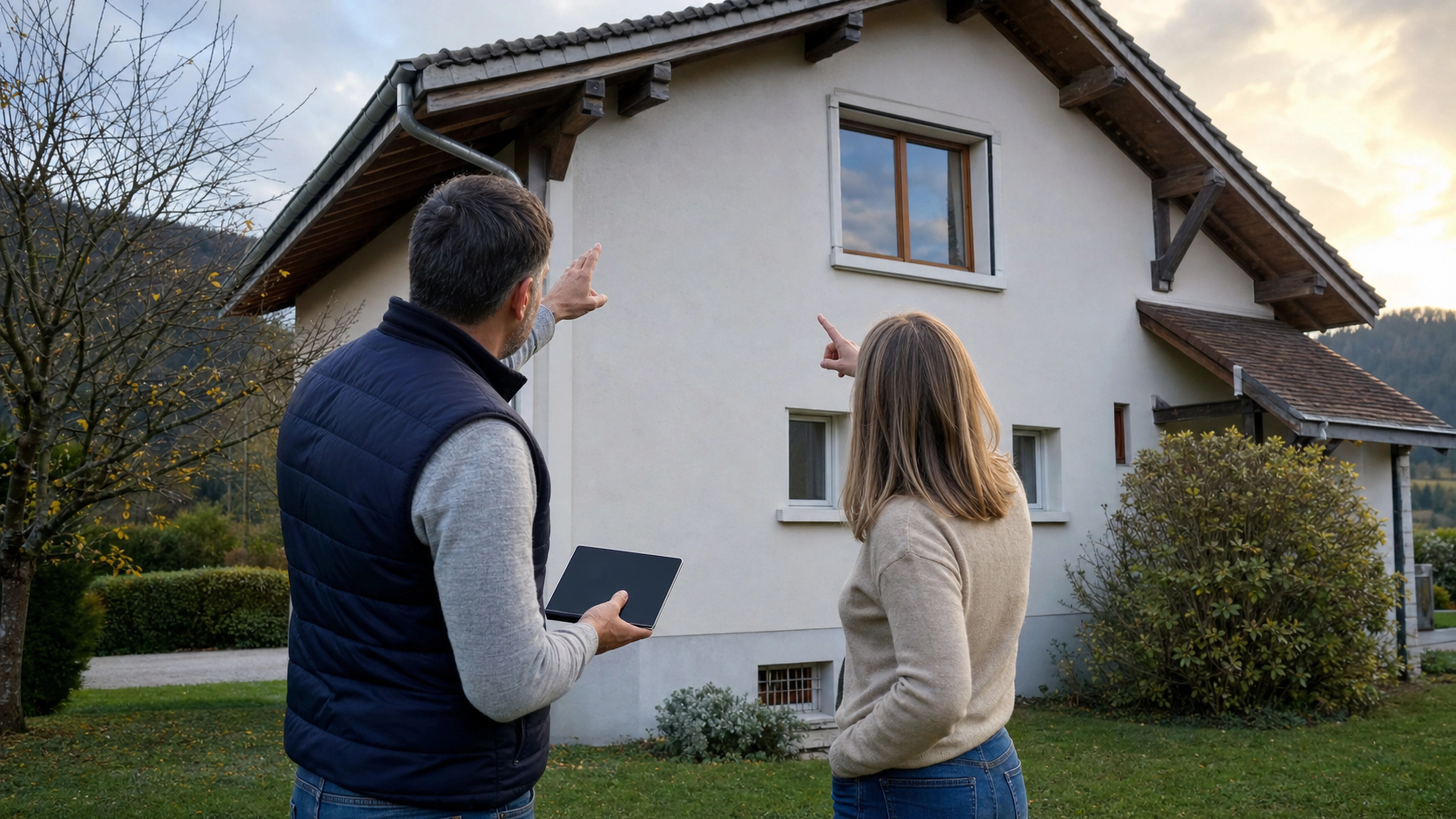 Professionnel et propriétaire examinant une maison pour une estimation immobilière