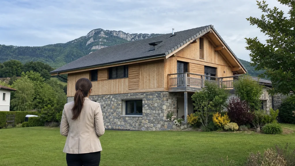 Maison savoyarde en bois et pierre dans un paysage résidentiel de Haute-Savoie