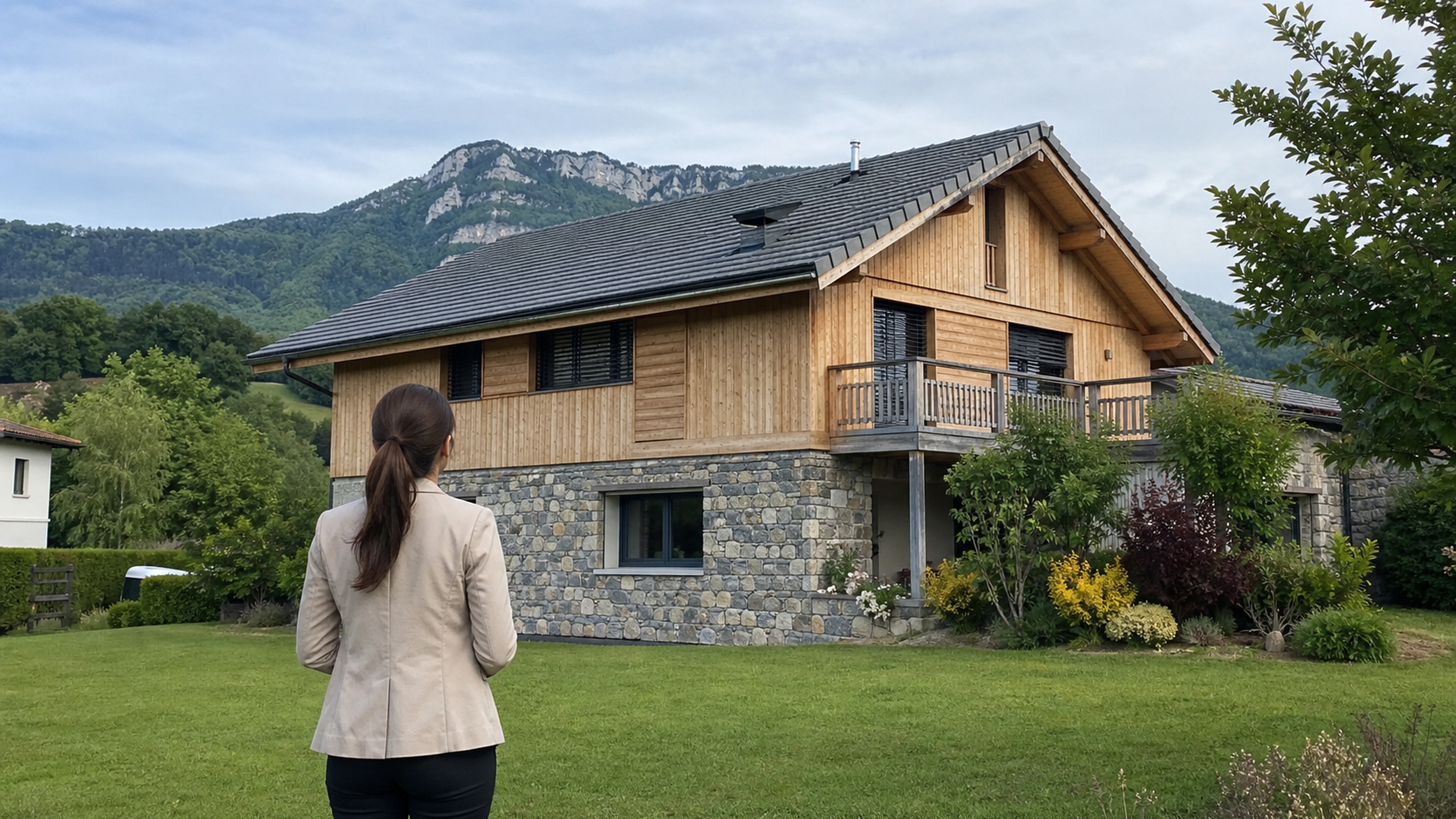 Maison savoyarde en bois et pierre dans un paysage résidentiel de Haute-Savoie