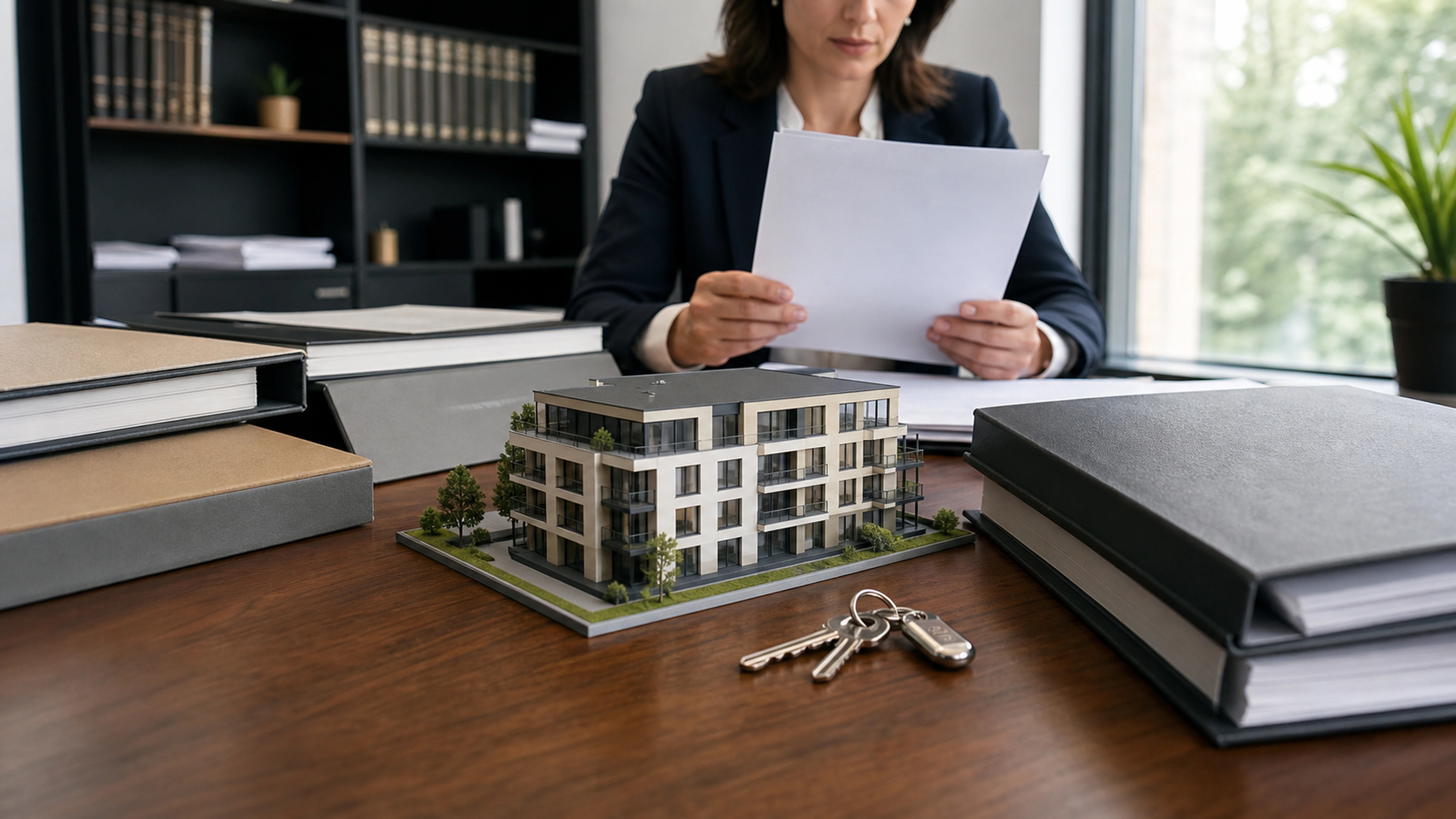 Maquette d’immeuble et dossiers juridiques illustrant une affaire de fraude immobilière