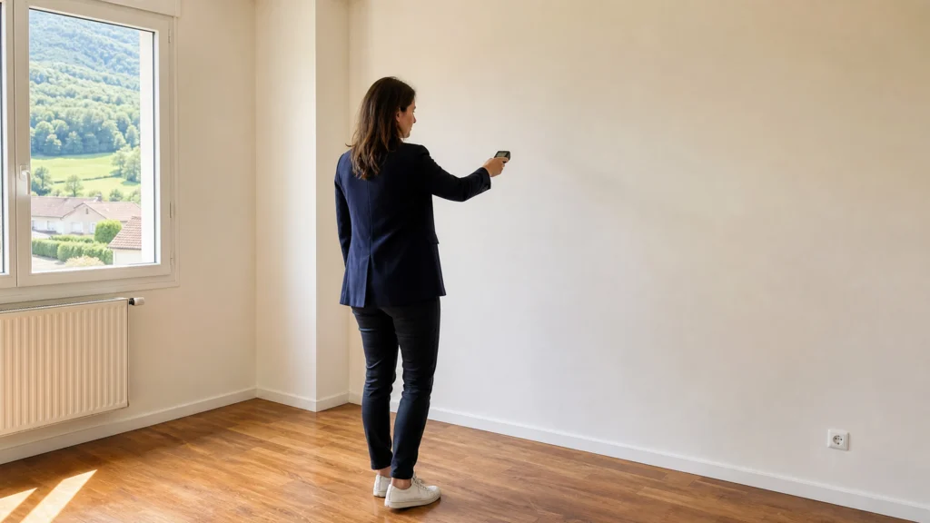 Professionnelle évaluant les dimensions d’un appartement en Haute-Savoie