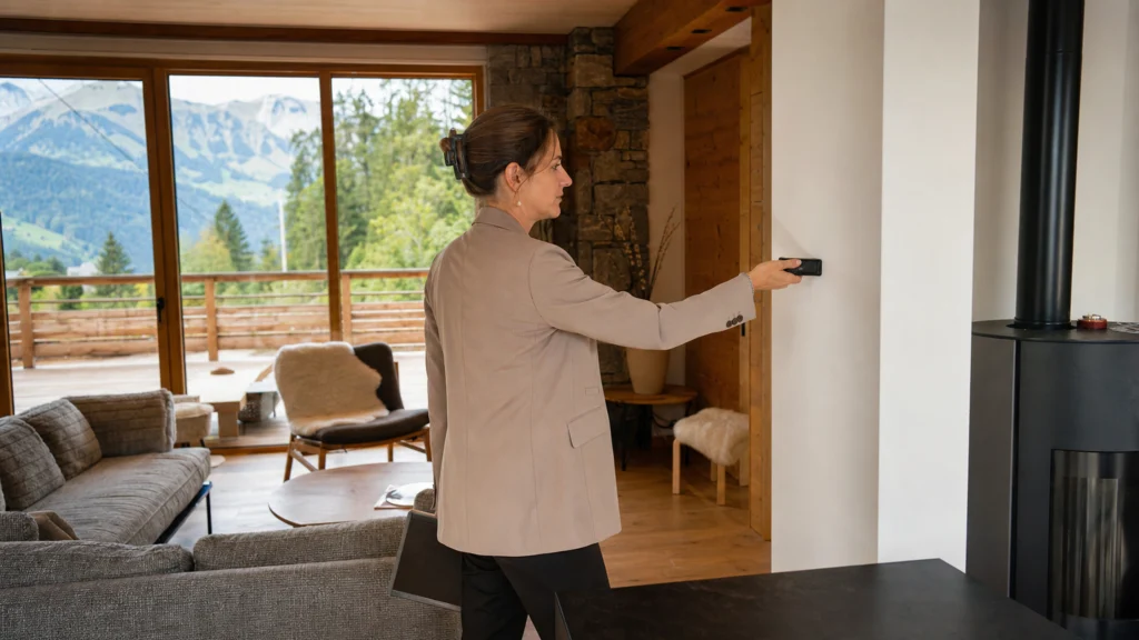 Agente immobilière estimant sur place un chalet lumineux en Haute-Savoie