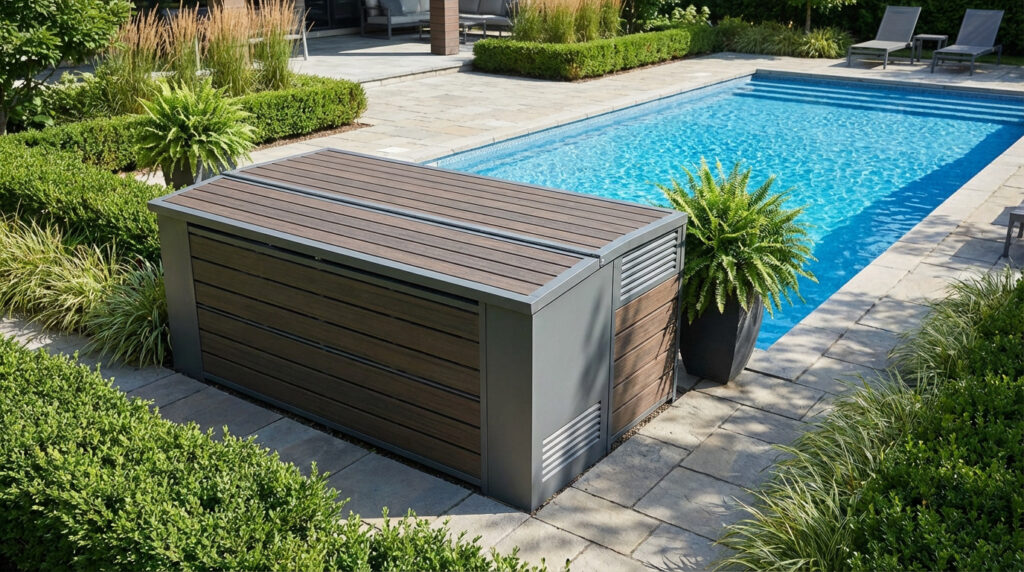 Abri pompe piscine moderne aspect bois gris, discrètement intégré près d'une piscine bleue avec margelles pavées et végétation.