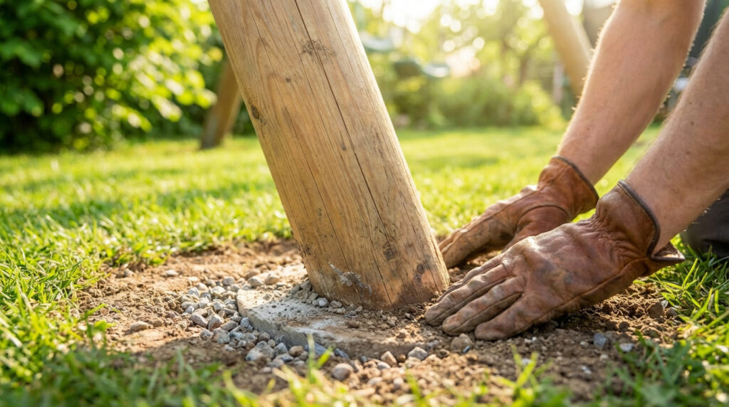 Gros plan sur des mains gantées scellant la base d'un poteau en bois avec du béton et du gravier dans l'herbe.