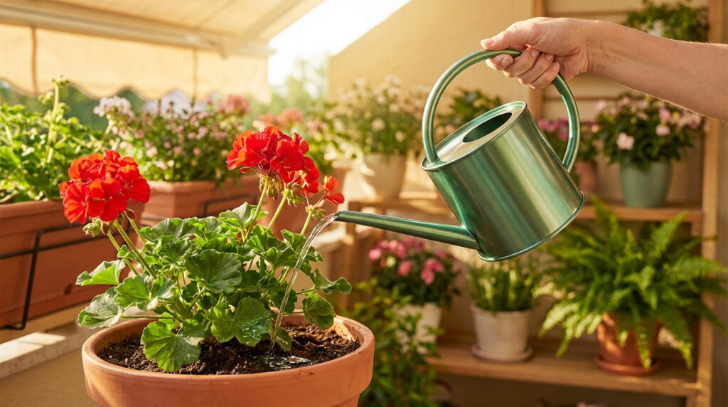 Une main arrose un géranium rouge vif en pot de terre cuite avec un arrosoir vert sur un balcon ensoleillé, entouré d'autres plantes.