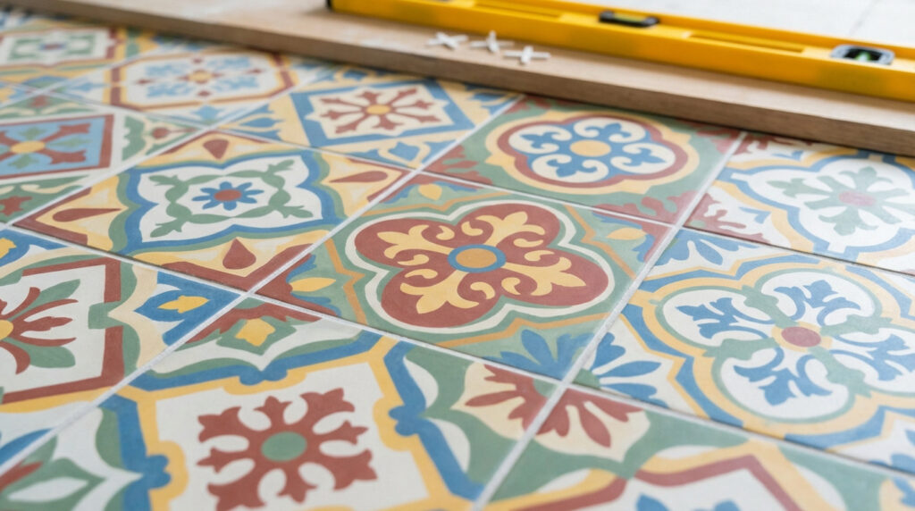 Carreaux de ciment à motifs variés et colorés posés avec des joints très fins. Un niveau et des croisillons sont visibles en arrière-plan.