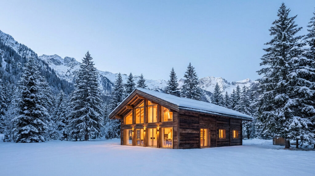 Chalet en bois chaleureux, fenêtres éclairées, dans un paysage montagneux enneigé avec des sapins sous un ciel clair.