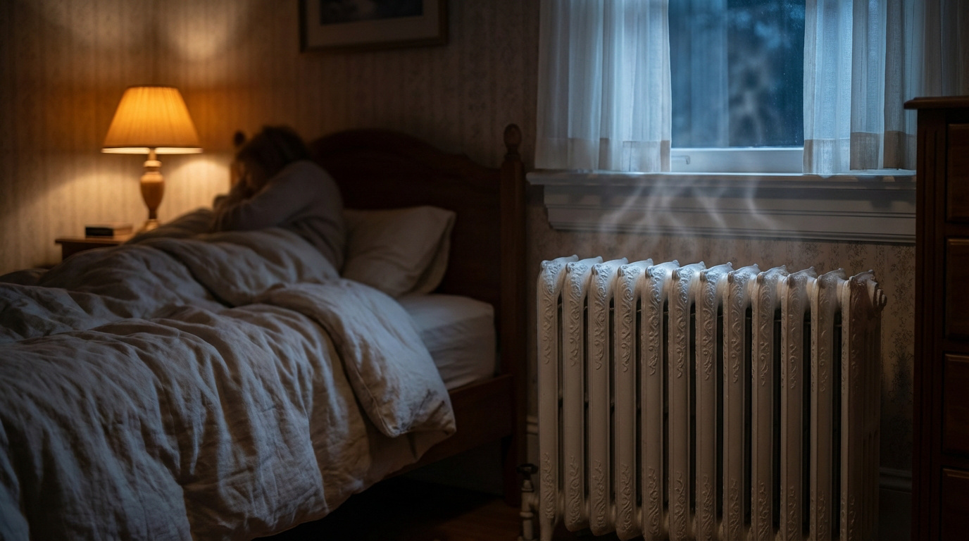 Personne au lit la nuit, éclairée par une lampe de chevet, avec un radiateur en fonte dégageant de la vapeur, suggérant le bruit.