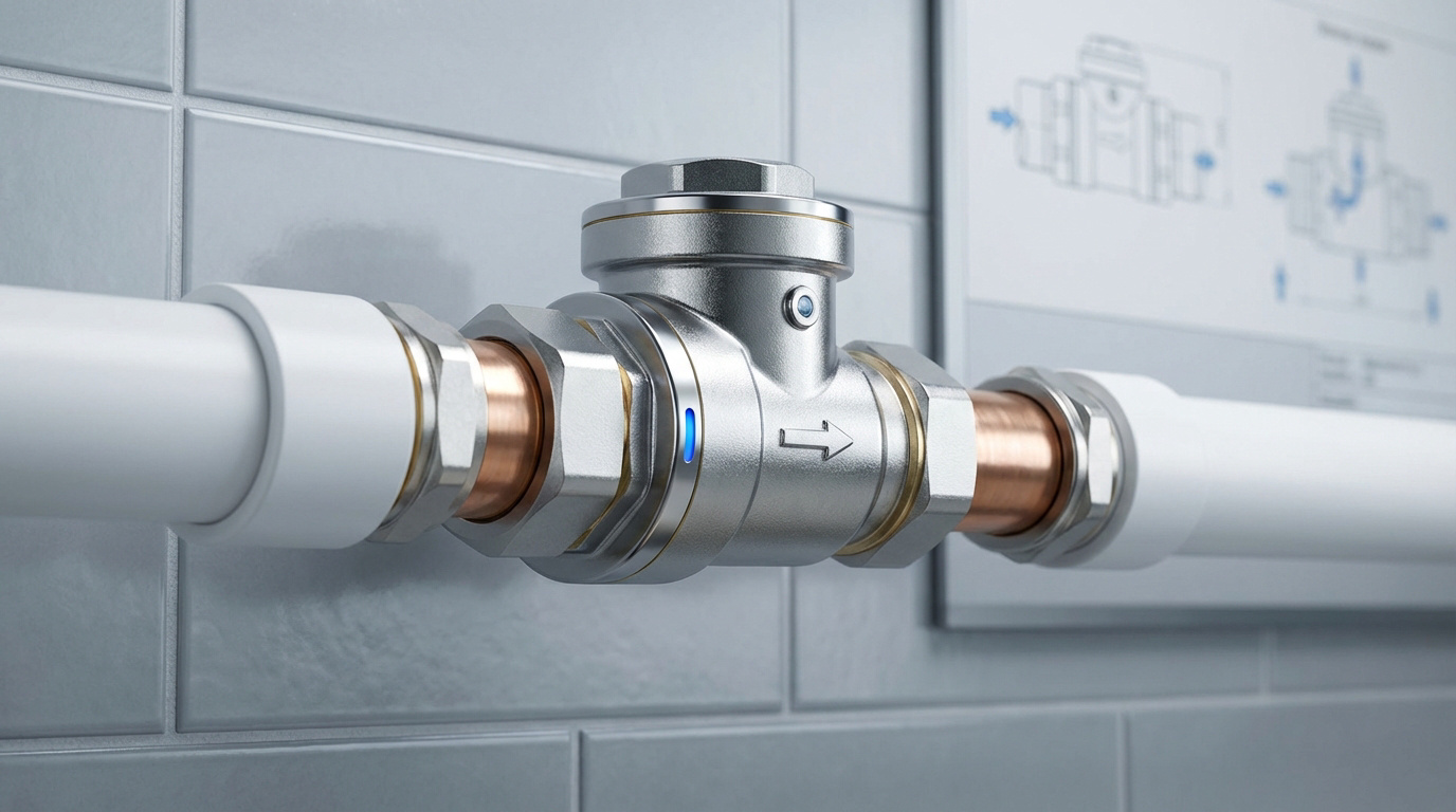 Clapet anti-pollution en métal brillant avec voyants bleus, raccordé à des tuyaux blancs par des unions en cuivre sur un mur gris carrelé.