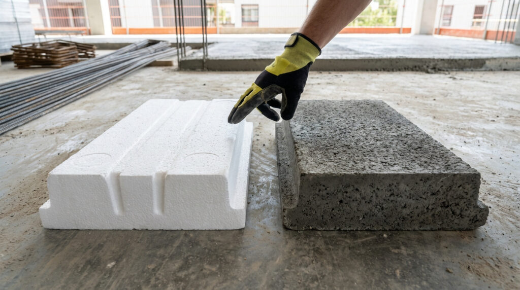 Une main gantée compare un hourdis en polystyrène blanc et un hourdis en béton gris sur un chantier de construction.