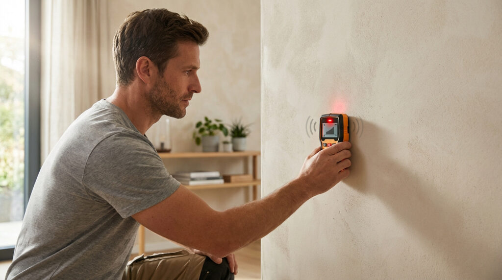 Un homme concentré utilise un détecteur mural électronique orange et noir pour localiser des câbles électriques dans un mur beige. L'appareil est allumé.