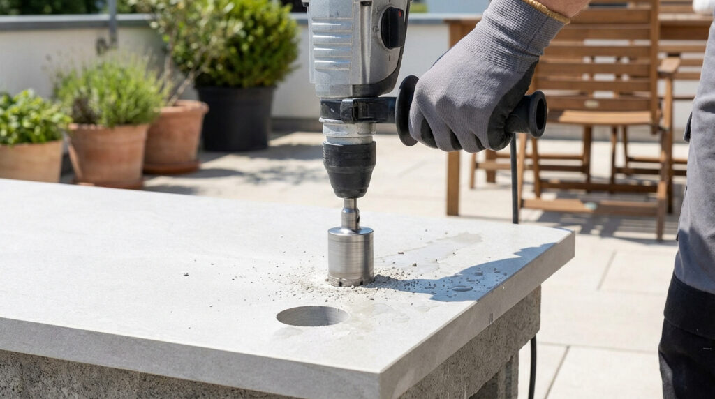 Une main gantée utilise une perceuse à percussion avec un trépan pour créer un trou dans une dalle de terrasse, un trou est déjà fait.