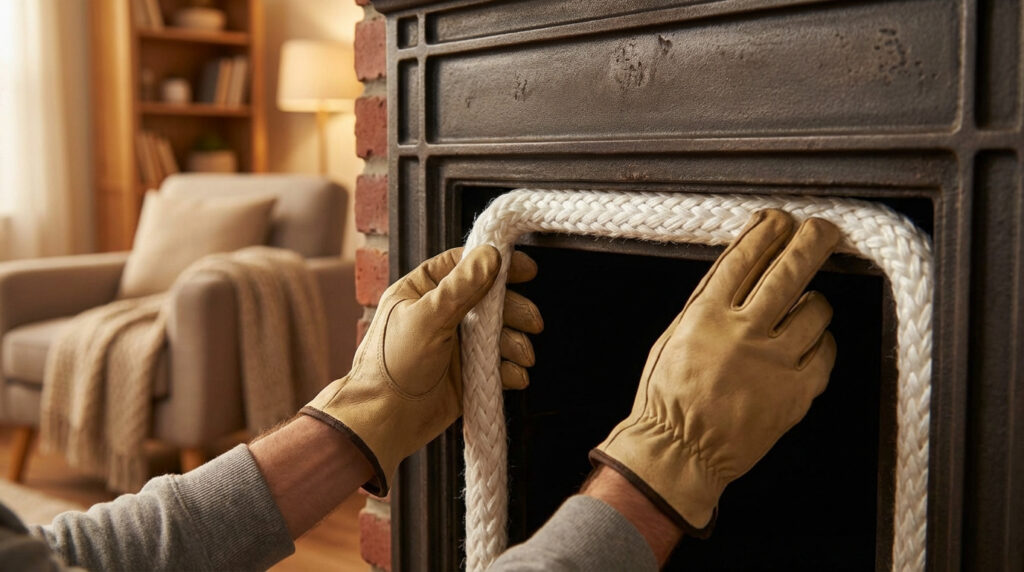 Mains gantées installant un joint tressé blanc autour de la porte d'une cheminée en fonte.