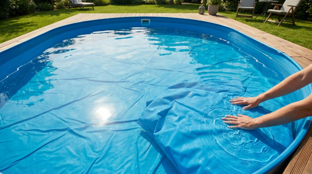 Des mains lissent un liner bleu plissé sous l'eau d'une piscine hors sol entourée d'une terrasse en bois et d'un jardin.