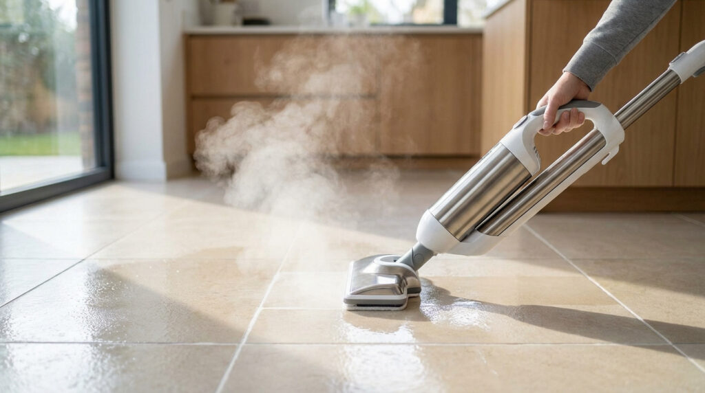 Main utilisant un nettoyeur vapeur sur un carrelage beige. La vapeur s'échappe, montrant l'action nettoyante sur le sol brillant.