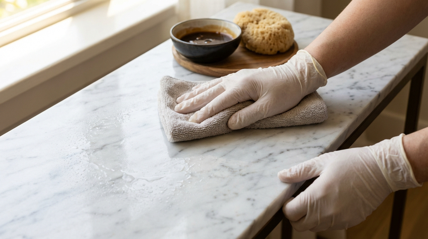Une personne gantée nettoie une table en marbre blanc mouillée avec un chiffon doux. Des produits de nettoyage sont à côté.