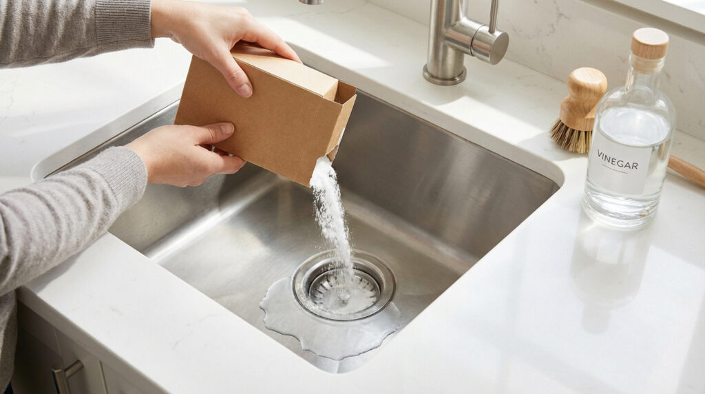 Une personne verse du bicarbonate de soude dans le siphon d'un évier en inox, à côté d'une bouteille de vinaigre et d'une brosse.