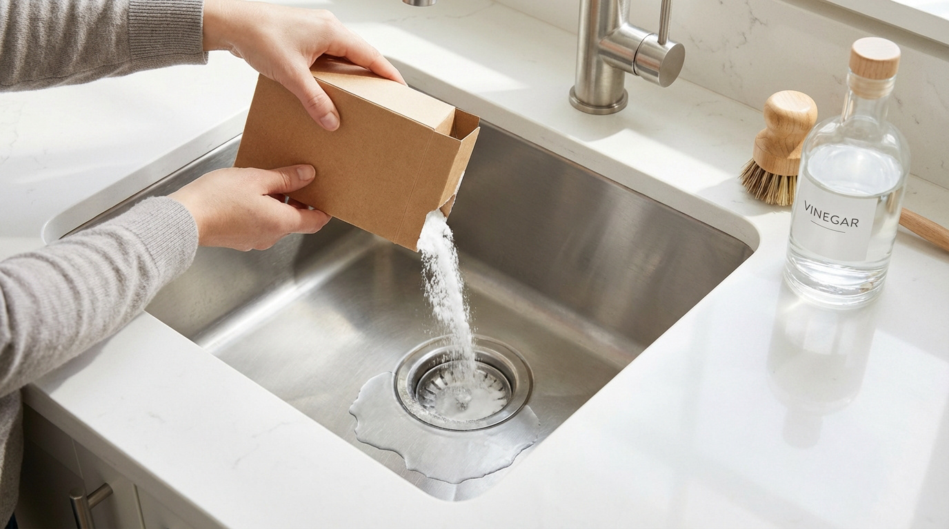 Une personne verse du bicarbonate de soude dans le siphon d'un évier en inox, à côté d'une bouteille de vinaigre et d'une brosse.