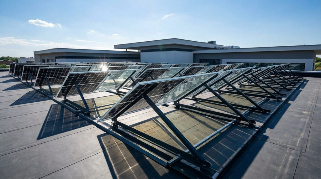 Rangées de panneaux solaires bifaciaux sur un toit plat de bâtiment moderne sous un ciel bleu.