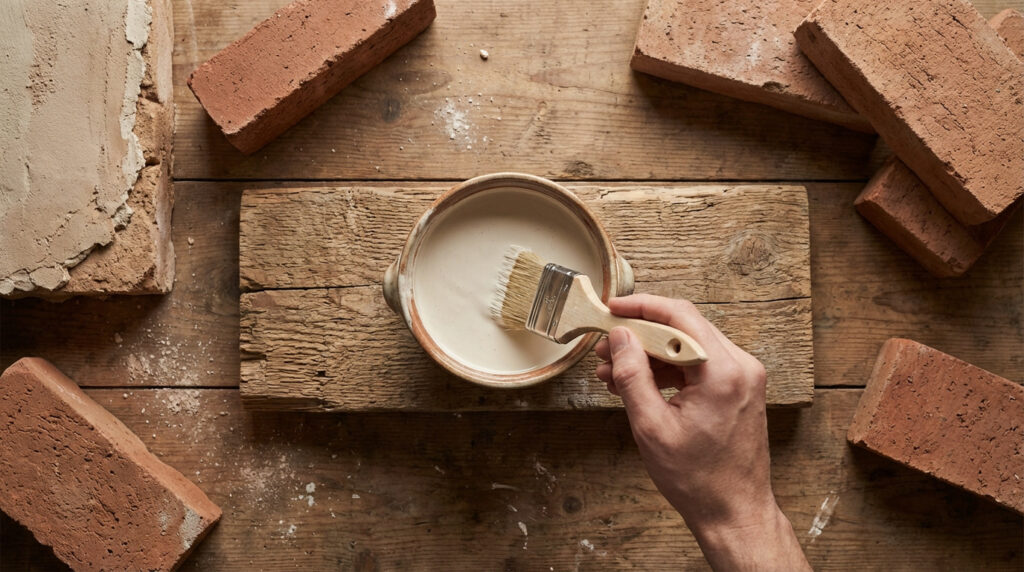 Main plongeant un pinceau dans un bol de peinture à la farine, entouré de briques et de bois sur une table rustique.