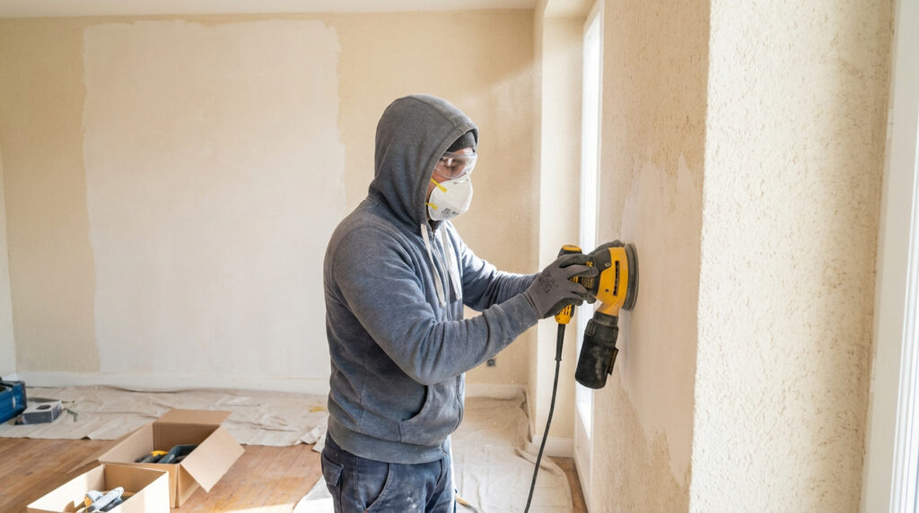 Homme ponçant un mur crépi avec une ponceuse électrique, portant masque, lunettes et gants de protection. Poussière visible.