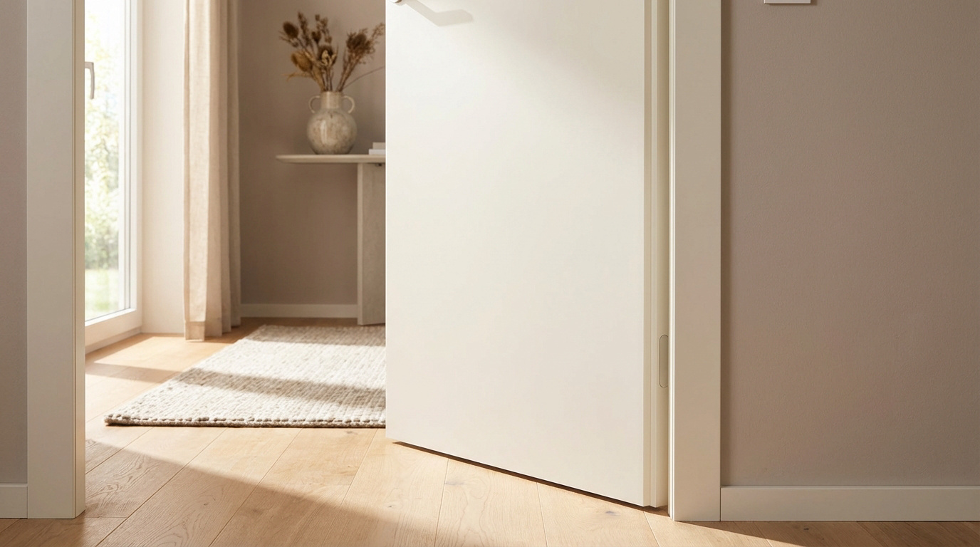 Porte blanche intérieure légèrement ouverte, avec son cadre épuré et des gonds invisibles, sur un parquet clair et lumineux.