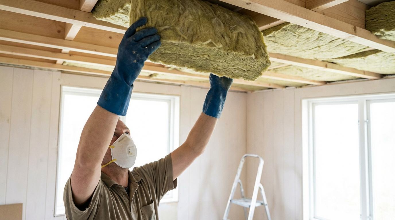 Ouvrier installant de la laine de verre au plafond d'une pièce en rénovation, portant des gants et un masque de protection.
