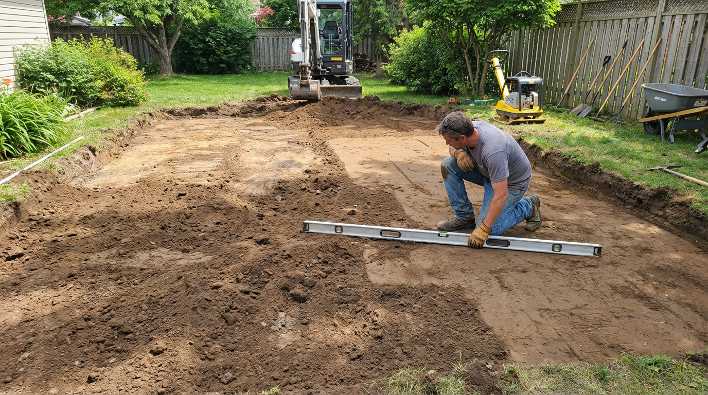 Homme agenouillé vérifiant le nivellement du sol avec un niveau à bulle pour une future piscine, engins de chantier en arrière-plan.
