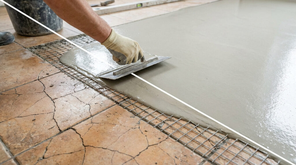 Un ouvrier applique du béton ciré sur un ancien carrelage fissuré, avec une sous-couche grillagée visible.