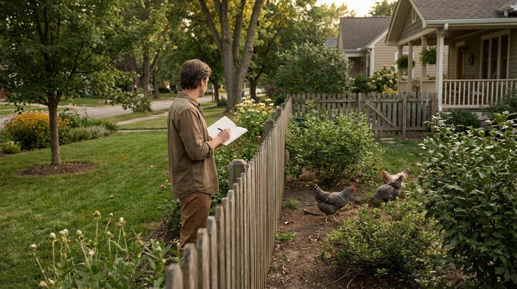 Un homme prend des notes en observant trois poules de l'autre côté d'une clôture en bois, dans un jardin de banlieue.