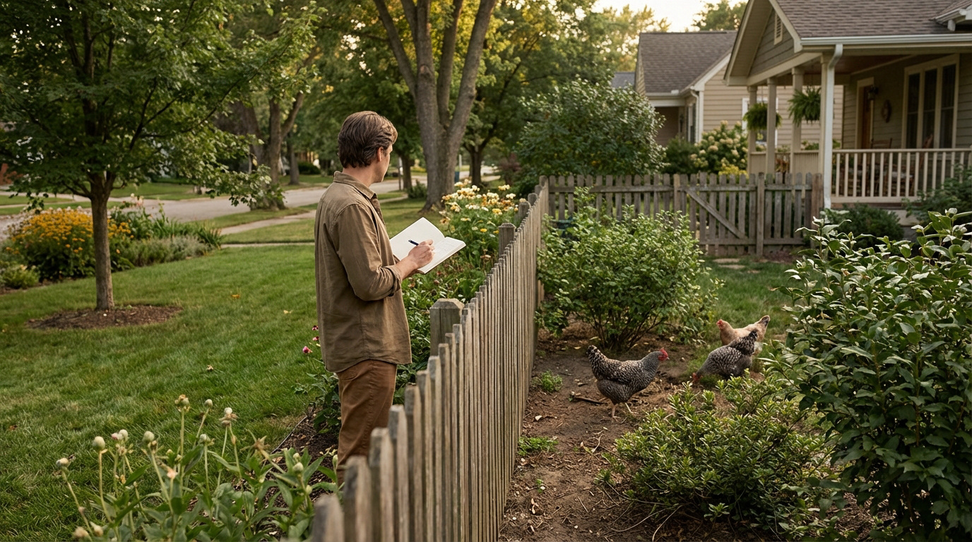 Un homme prend des notes en observant trois poules de l'autre côté d'une clôture en bois, dans un jardin de banlieue.