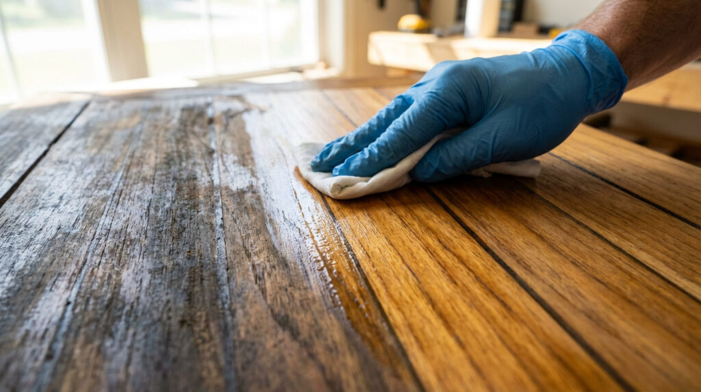 Main gantée de bleu appliquant un produit sur une surface en teck. La moitié du bois est restaurée, brillante, l'autre vieillie.