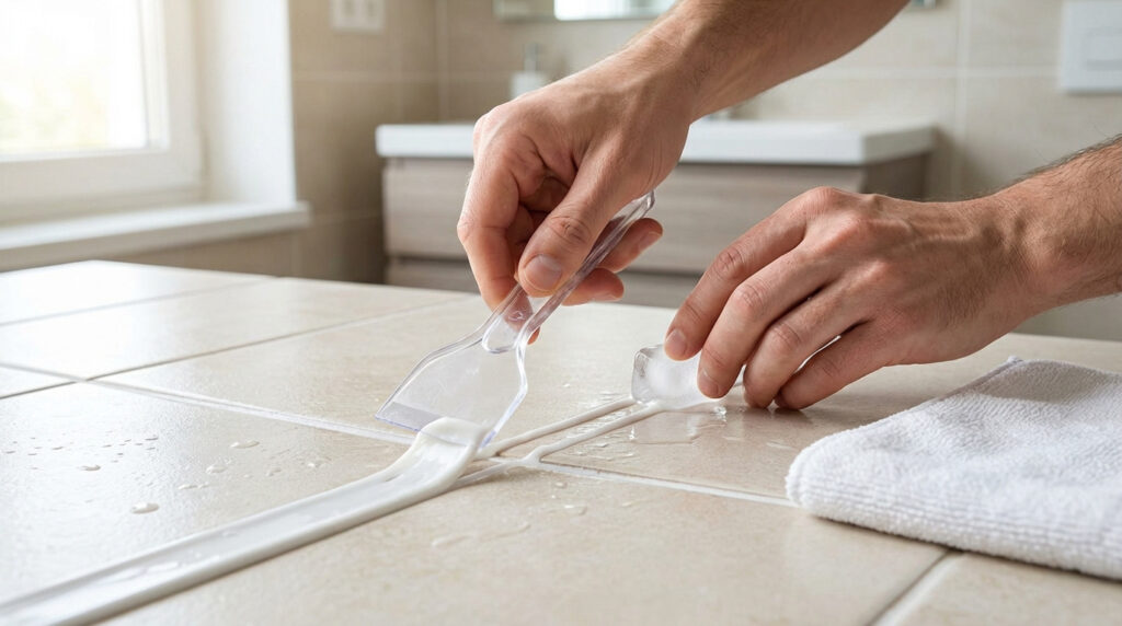 Gros plan sur des mains lissant un joint de silicone blanc frais sur du carrelage beige avec une spatule transparente, à côté d'un morceau de glace et d'une serviette.