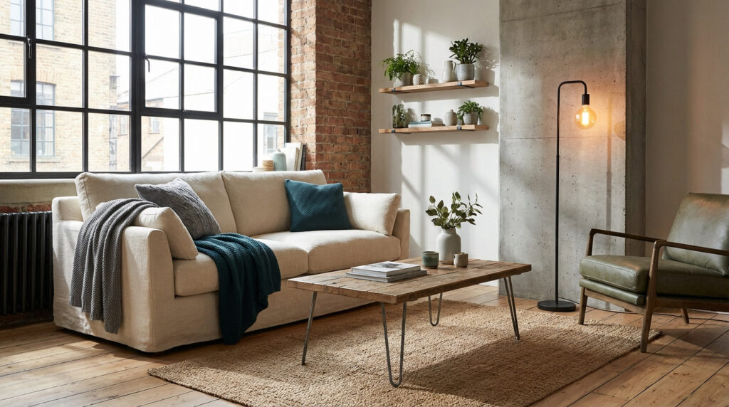 Salon moderne et lumineux avec canapé beige, table basse en bois, fauteuil en cuir vert, mur de briques et grandes fenêtres.