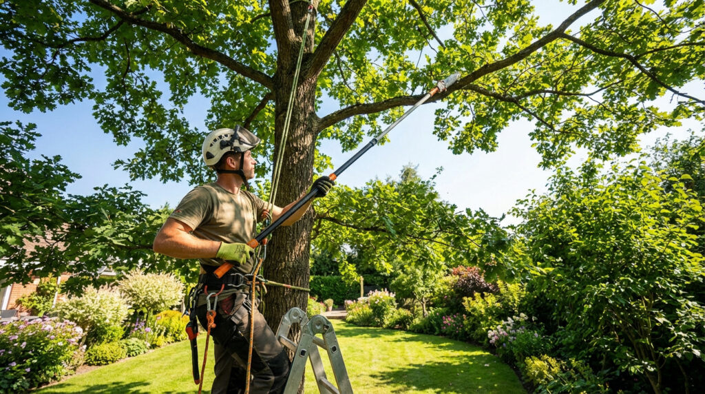 Un arboriste élague un grand arbre avec une perche. Il porte un casque, un harnais et des gants, assurant sa sécurité.