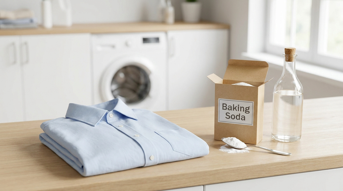 Chemise propre sur un plan de travail avec du bicarbonate de soude et du vinaigre dans une cuisine.