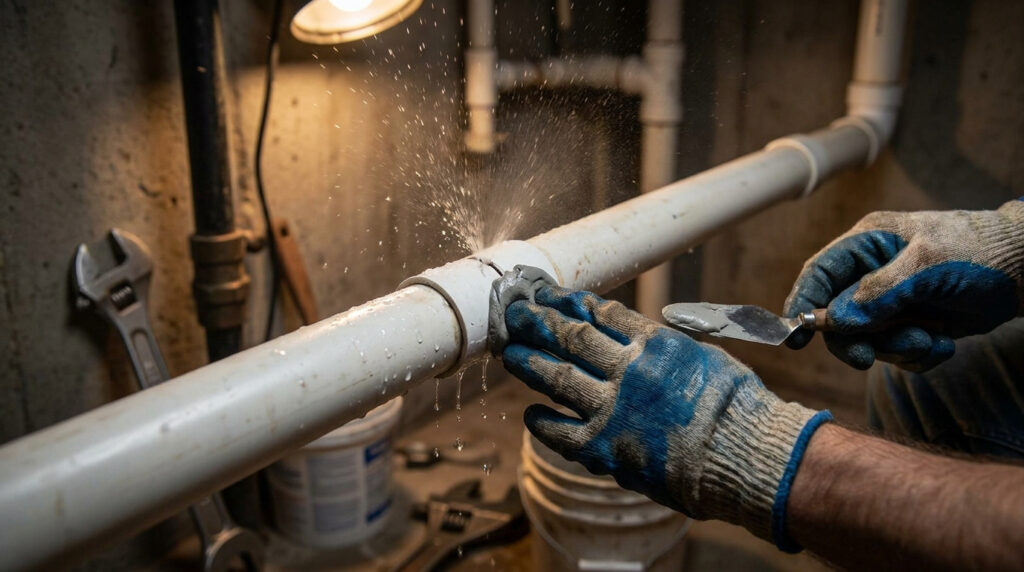 Mains gantées colmatant une fuite d'eau sur un tuyau PVC blanc sous pression, avec des éclaboussures et une spatule.