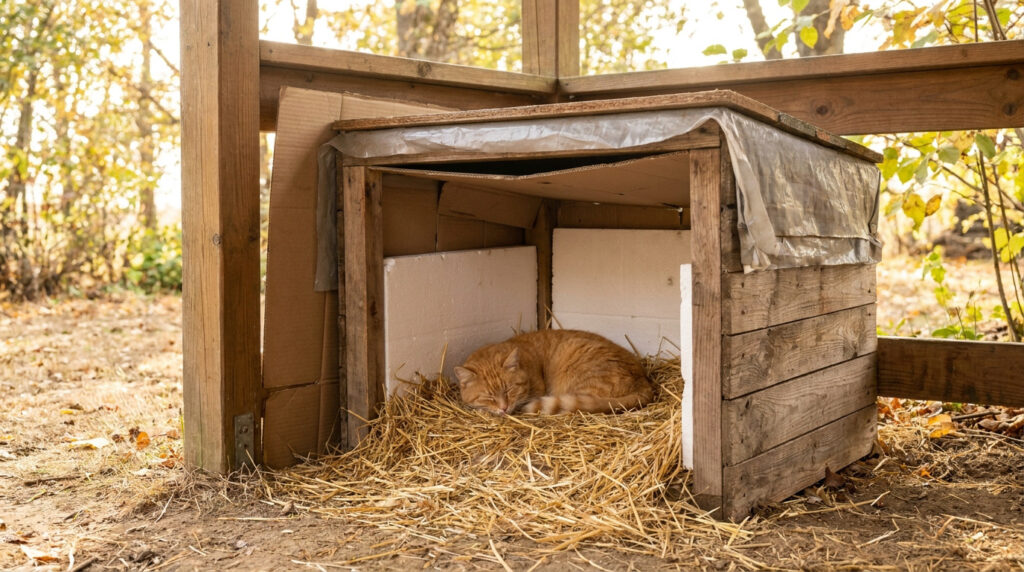 Un chat roux dort paisiblement sur de la paille à l'intérieur d'un abri en bois fabriqué maison avec isolation.