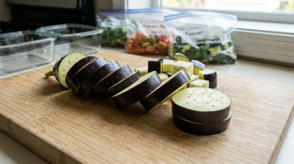 Tranches et dés d'aubergine sur une planche à découper en bois devant des sachets de congélation.