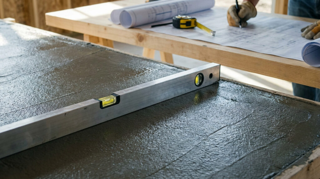 Niveau à bulle sur une dalle de béton fraîche avec plans de construction et outils de mesure en arrière-plan.