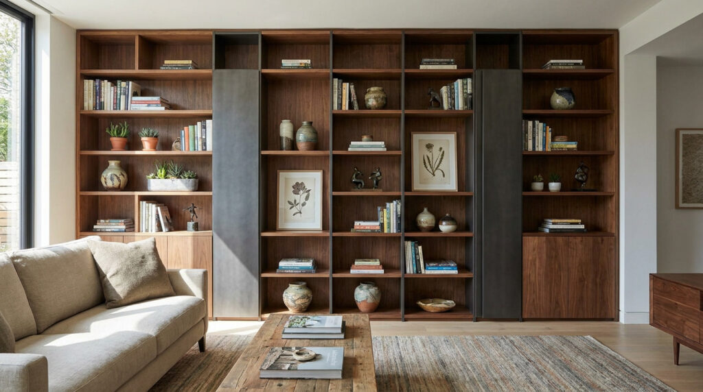 Bibliothèque murale sur mesure en bois et accents sombres, décorée de livres, objets d'art et plantes. Canapé beige au premier plan.