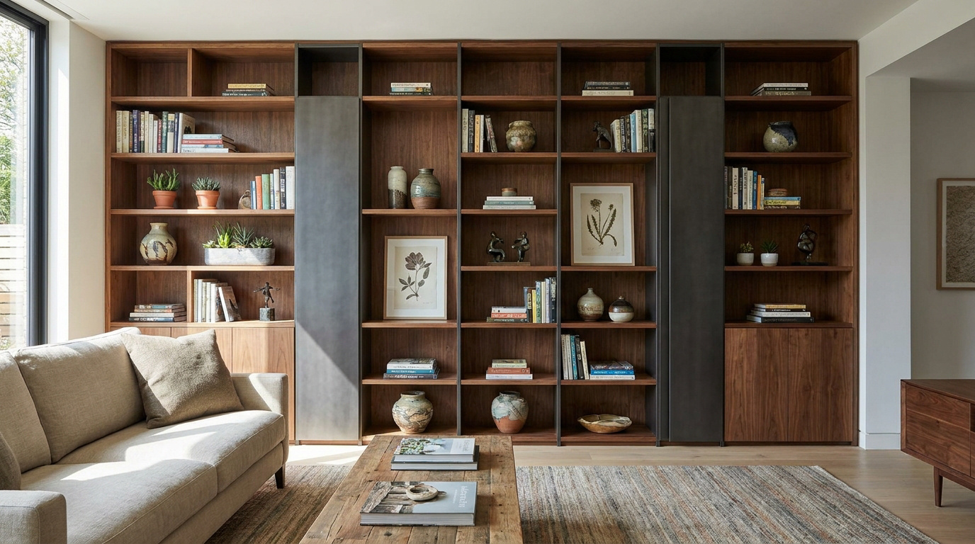 Bibliothèque murale sur mesure en bois et accents sombres, décorée de livres, objets d'art et plantes. Canapé beige au premier plan.