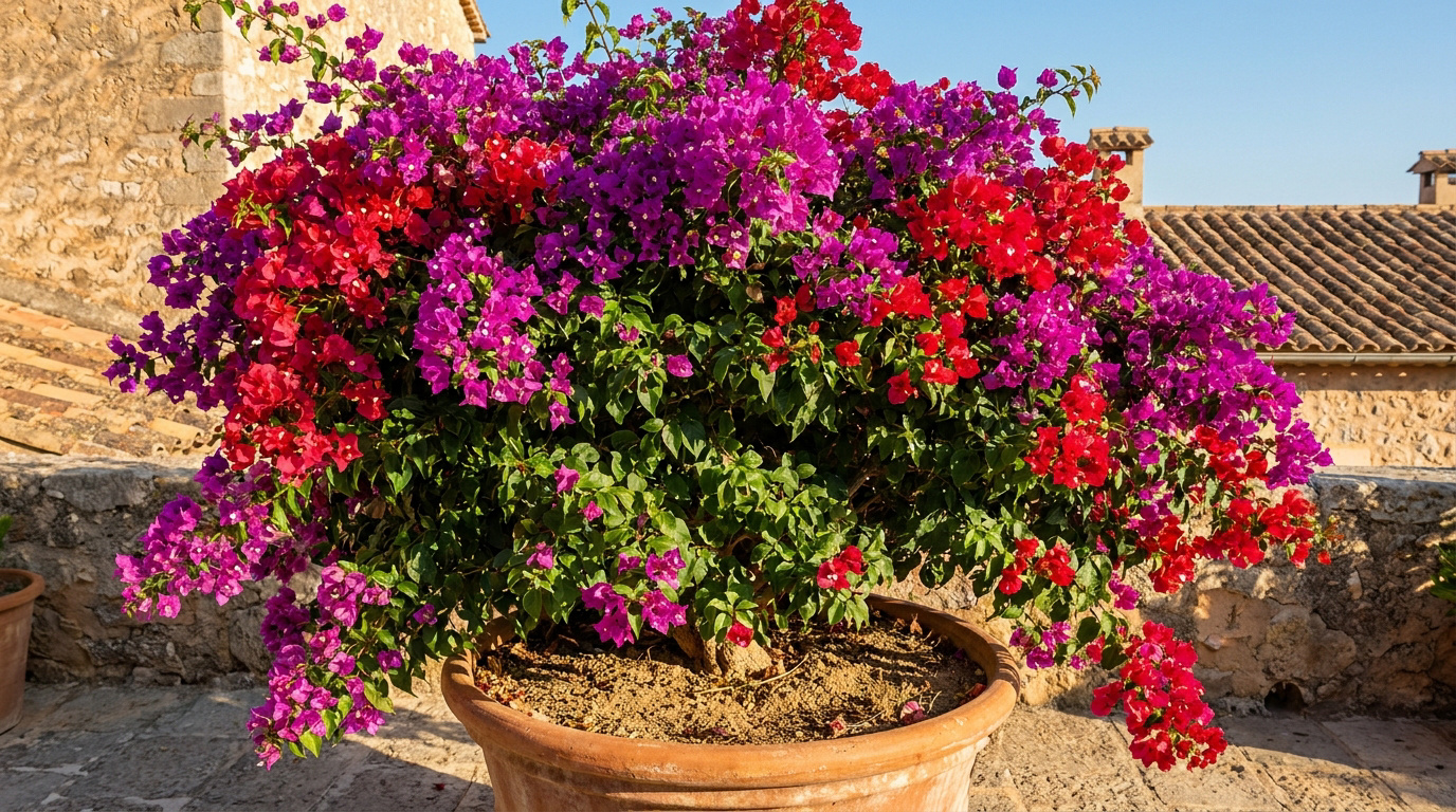 Un magnifique bougainvillier en pot avec des fleurs rouges et violettes, devant un mur en pierre sous le soleil.