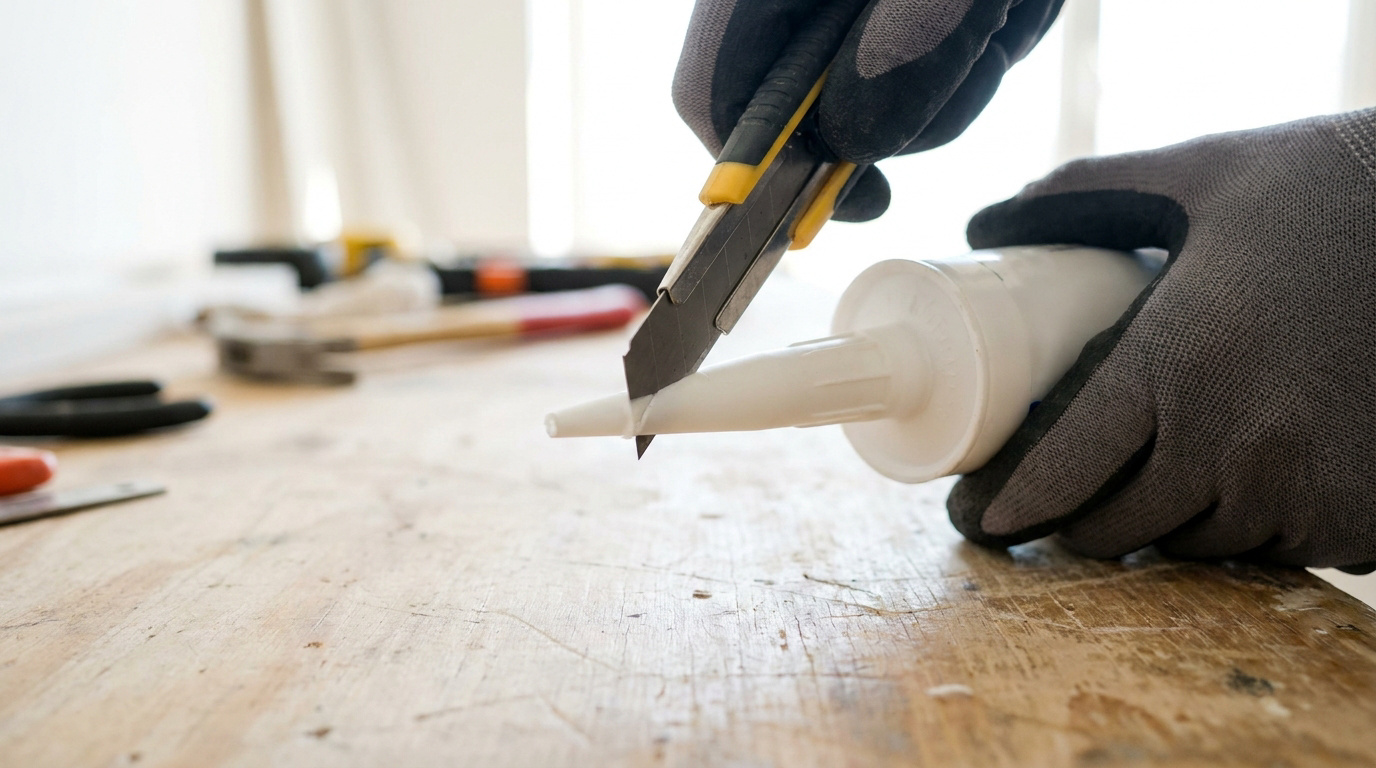 Mains avec gants utilisant un cutter pour couper l'embout en plastique d'une cartouche de silicone sur un établi en bois.