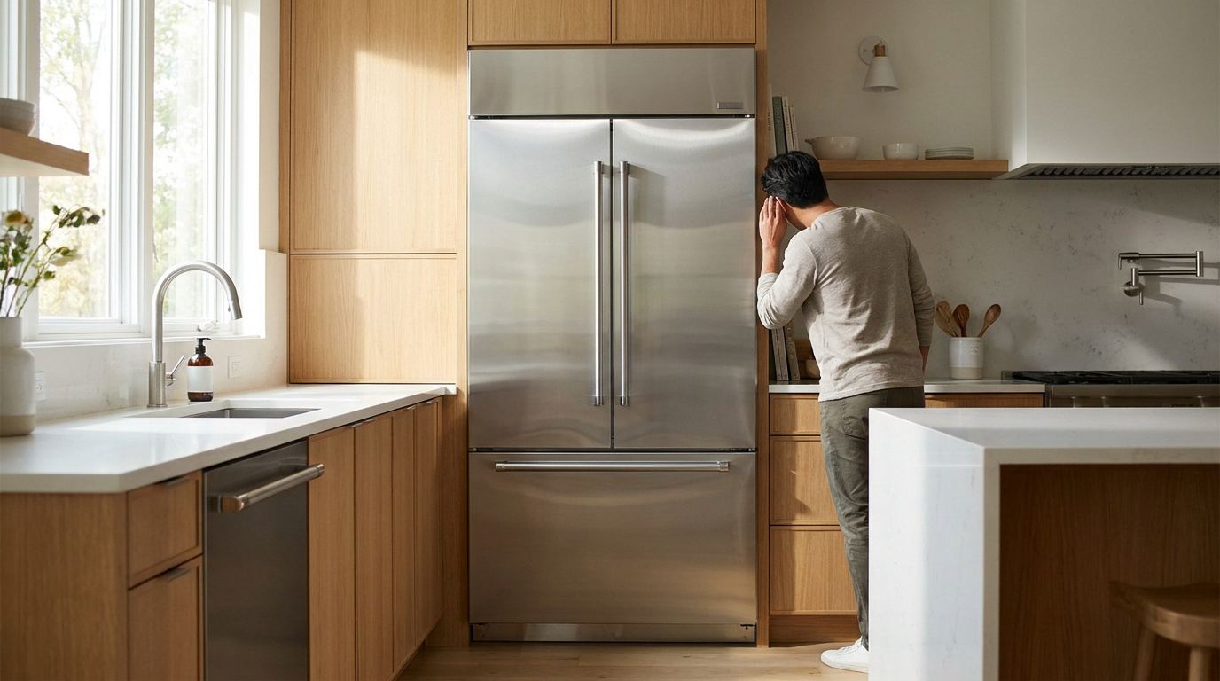 Homme écoutant un réfrigérateur neuf en acier inoxydable dans une cuisine moderne et lumineuse, main sur l'oreille.