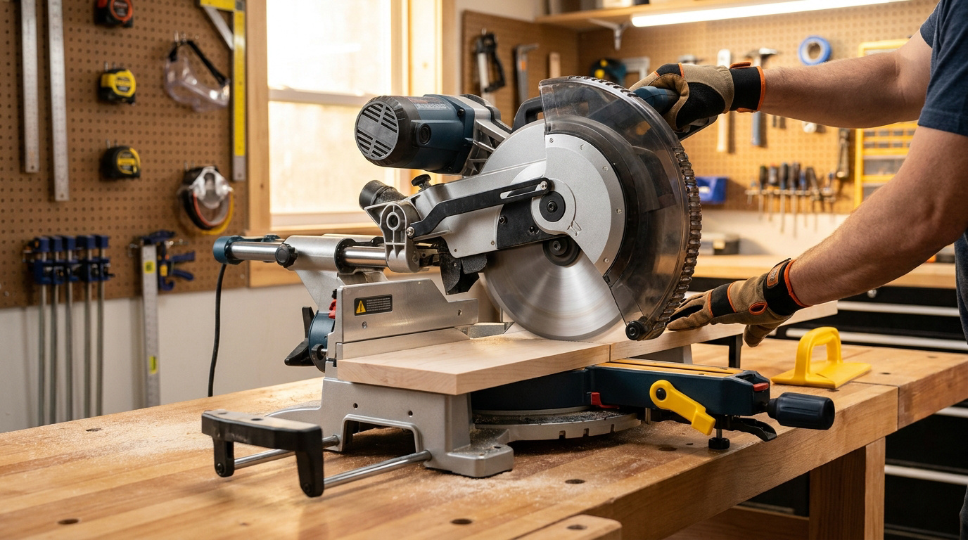 Vue rapprochée d'un artisan utilisant une scie à onglet Bosch pour couper une pièce de bois dans un atelier bien organisé.