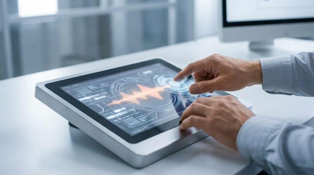Personne utilisant une tablette tactile avec une interface HUD futuriste affichant une forme d'onde et des données pour un diagnostic.
