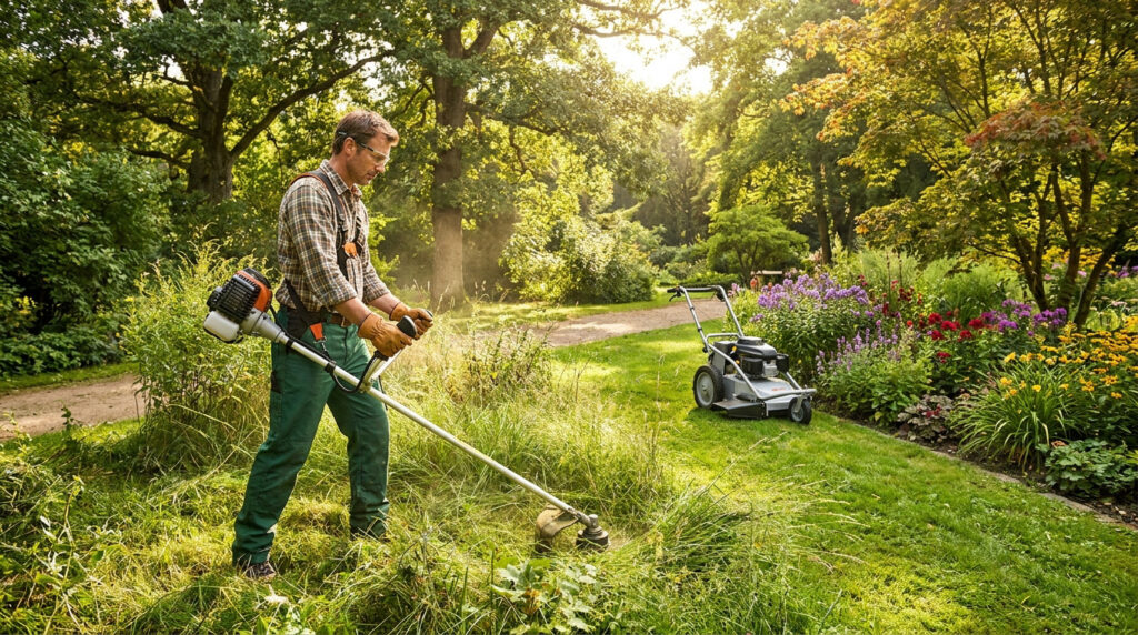 Un homme avec lunettes et gants utilise une débroussailleuse pour tailler l'herbe haute d'un jardin luxuriant sous le soleil.